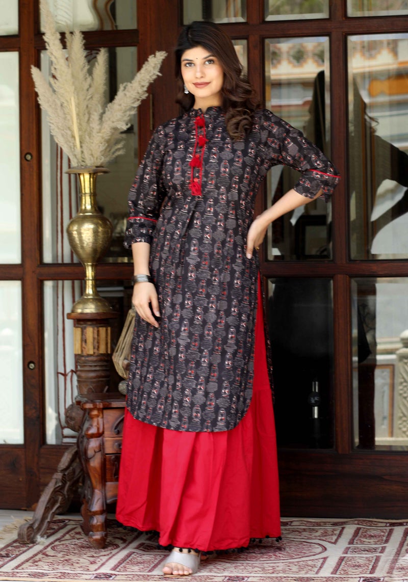 Miravan Black Printed Kurta with Red Skirt Set for Women - Image 2
